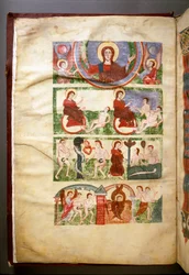La creación de Adán y Eva, el pecado original y su expulsión del Paraíso. Frontispicio de manuscrito del siglo XI o XII. (Ms.1273) Roma, Biblioteca Angelica