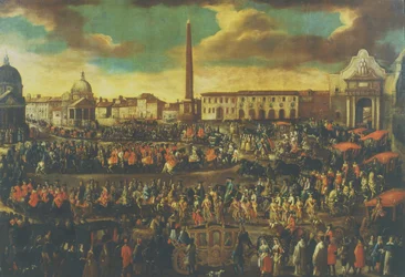 La entrada de un embajador a Roma, Piazza del Popolo