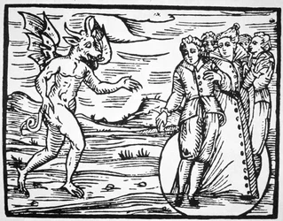 La evocación del Diablo, copia de una ilustración de Compendium Maleticarum por Fr M Guaccius, Milán 1608, usado en una Historia de la Magia, publicado a finales del siglo XIX