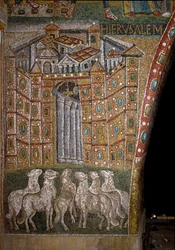 La Puerta de Jerusalén con corderos simbolizando a los Apóstoles