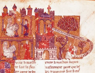 El filósofo griego Aristóteles (383-322 a.C.) enseña a sus estudiantes moralidad y desprecio por las mujeres (misoginia). Miniatura de un manuscrito italiano del siglo XIV. Biblioteca Inguimbertine Municipal de Carpentras.