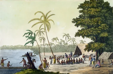 El puerto de Anamooka, lámina 82 de Le Costume Ancien et Moderne, por Jules Ferrario, publicada c.1820s-30s