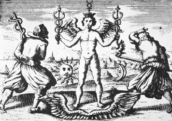 El mercurio de los filósofos, de Della Tramutatione Metallica por Giovanni Battista Nazari (1589) ilustrado en una historia de la magia publicado a finales del siglo XIX