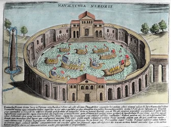 La Naumaquia de Nerón, representación de una batalla naval en Roma. Grabado (siglo XVII).
