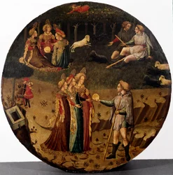 El juicio de Paris. El pastor Paris debe elegir a cuál de las tres diosas, Atenea, Afrodita o Hera, entregará la manzana de oro como la más bella. Pintura de la escuela italiana del siglo XV, Florencia, Museo Nazionale del Bargello