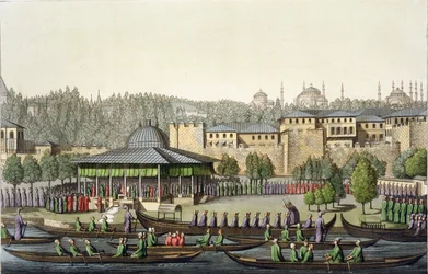 La presentación del almirante al sultán, lámina 14 de la Parte III, Volumen I de La historia de las naciones, grabada por Giacomo Bussi, hacia 1820