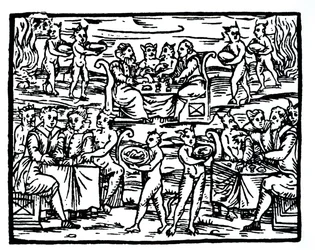 El Sabbath de las brujas, copia de una ilustración del Compendium Maleficarum por Fr M Guaccius, Milán 1608, usada en Historia de la Magia, publicada a finales del siglo XIX