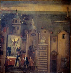 La iglesia de Santa María del Castillo golpeada durante el bombardeo de los franceses en 1684, Génova