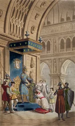 La creación de un Caballero Templario, de un manuscrito de Romance de Lancelot del Lago, publicado c.1820-30