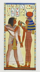 La diosa Hathor colocando el collar mágico en Seti I