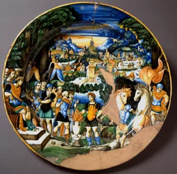 El héroe Cayo Mucio Escévola frente a Porsena, rey etrusco. Plato de cerámica producido en Urbino en el taller Fontana, Italia. Alrededor de 1560 Florencia, Museo Nacional del Bargello