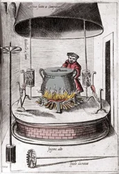 La cocina bajo una campana. Grabado de 