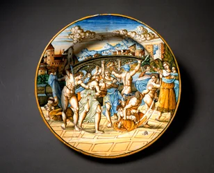 La masacre de los inocentes. Plato de cerámica producido en Urbino en el taller Fontana, Italia. Alrededor de 1566 Florencia, Museo Nacional del Bargello