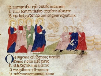 La multiplicación de los panes y los peces (Miniatura de “Del novo e del vedre testamento” de Pietro da Barsegape, siglo XIII) siglo XIV Milán, Biblioteca Braidense