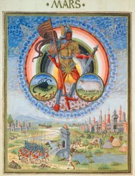 El planeta Marte y un castillo asediado, ilustración de "De Sphaera" de Leonardo Dati