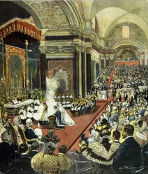 El matrimonio religioso del futuro rey Víctor Manuel III (Victor-Emmanuel) (Vittorio Emanuele) con la princesa Elena de Montenegro en la iglesia de Santa Maria degli Angeli de Roma en 1896.