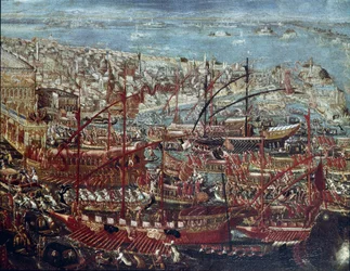 El regreso triunfal de la flota veneciana al arsenal después de la campaña dirigida por el Dogo Francesco Morosini contra los turcos en 1659