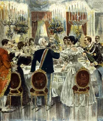 El banquete de bodas de los novios Víctor Manuel III (Victor-Emmanuel) (Vittorio Emanuele) y Elena de Montenegro se celebra en el Palacio del Quirinal, Roma. 1896.