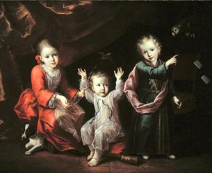 Tres niños en un interior rodeados de sus mascotas, c.1680