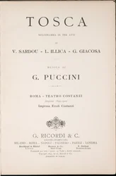 Página de título, Libreto de Tosca, de Giacomo Puccini, Edición Ricordi, Italia