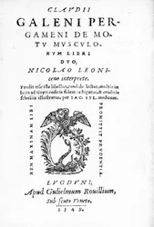 Portada de Claudii Galeni Pergameni De Motu Musculorum Libri Duo, una colección de obras de Claudio Galeno, publicada en 1549 (grabado)