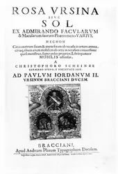 Portada de Rosa Ursina sive Sol por Christoph Scheiner, publicada en 1630 (grabado)