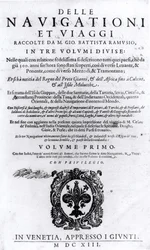 Página de título del volumen I de Delle Navigationi et Viaggi por Giovanni Ramusio (1485-1557) publicado en 1613