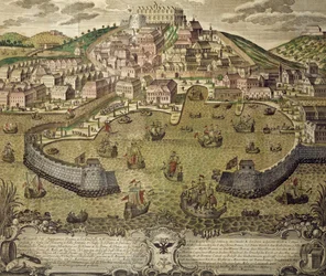 Ciudad de Trieste y su puerto libre, grabado en color, Italia