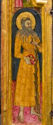 Tríptico: San Antonio Abad Entronado, San Pablo Ermitaño y San Onfrío, detalle, mediados del siglo XIV (temple sobre tabla)