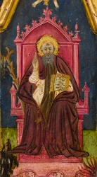 Tríptico: San Antonio Abad Entronado, San Pablo Ermitaño y San Onfrío, detalle, mediados del siglo XIV (temple sobre tabla)