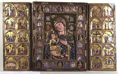 Tríptico de la Madonna y Niño con Evangelistas, Profetas y escenas de la vida de Cristo (madera, filigrana de plata y esmalte)