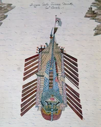 Trirreme (barco con tres filas de remos), del tratado Sobre la milicia marítima, por Cristoforo Canal (1510-1562), Italia