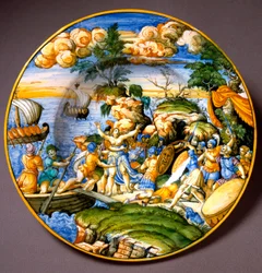 Guerra de Troya: el rapto de Helena. Plato de cerámica producido en Urbino, Italia