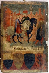 Dos inspectores fiscales. Biccherna (cubierta del registro contable de la ciudad de Siena). Archivo Estatal - Museo delle Tavolette di Biccherna, Siena. Finales del siglo XIV - principios del siglo XV.