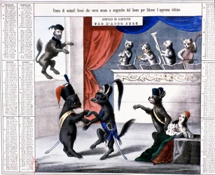 Unificación de Italia: calendario alegórico del año 1865: caricatura que representa al león Giuseppe Garibaldi aprehendiendo saltar sobre el ratón francés y el zorro austríaco para liberar Italia. Los músicos son gatos. Impresión de época. Colección privad