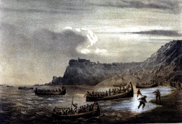 Unificación de Italia: expedición de los Mil o Camisas Rojas liderada por Giuseppe Garibaldi (1807-1882). La partida de la primera flota de garibaldinos hacia Calabria en el Fuerte Stella. Litografía del siglo XIX.