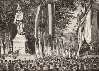 Inauguración del monumento al General Giacomo Medici, Milán, Italia, grabado de un dibujo de Edoardo Ximenes de una fotografía de Rossi, de L