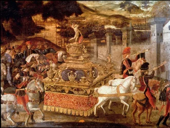 Victoria de Lucio Aemilio Paulo o Pablo Emilio el Macedonio (ca. 230-160 a.C.) sobre Perseo, rey de Macedonia Detalle de la procesión y del carro triunfal. Pintura de la escuela florentina del siglo XV. París, Museo Jacquemart André