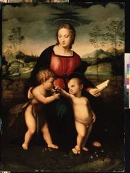 La Virgen y el Niño con Juan Bautista de niño. Pintura anónima, escuela italiana de la segunda mitad del siglo XVI (hacia 1550-1600). Manierismo. Museo de Arte Mikhail Kroshitsky, Sebastopol (Sebastopol