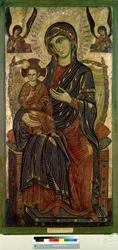 "Virgen y Niño en el Trono" (Virgen y Niño entronizados) La aureola de Jesucristo está marcada con una cruz. Pintura anónima de un artista de Pisa. Témpera sobre madera. circa 1280 Museo Pushkin, Moscú