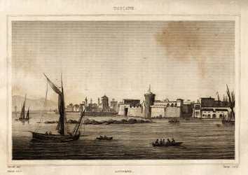 Vista de Livorno en Toscana. Grabado por Storetti en 