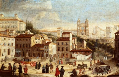 Vista de la Plaza de España, con la iglesia Trinità dei Monti en Roma