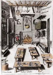 Vista de una cocina. Grabado de “Opera”, libro sobre gastronomía dividido en 6 partes, por Bartolomeo Scappi, cocinero personal del Papa Pío V. Venecia
