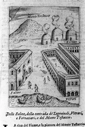 Vista de una salina, el vecindario de leñadores, vidrieros y panaderos cerca del Monte Testaccio en Roma. Grabado de "Ritratto di Roma Antica" de Filippo de Rossi. 1654