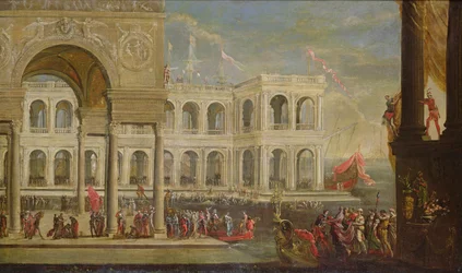 Vista del palacio y la reina Juana I de Nápoles