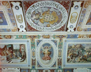 Vista de la Sala dei Fasti Farnese (Sala de los Esplendores de los Farnese) ideada por Onofrio Panvinio y frescos de Taddeo (1529-66) y Federico Zuccaro (1540-1609) 1557-83 (detalle)