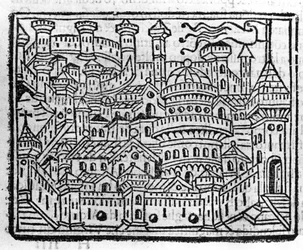 Vista de la ciudad de Aosta en Italia. Grabado en 
