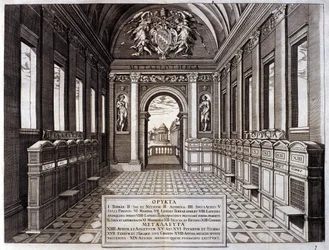 Vista del museo de Michele Mercati (1541-1595), administrador de los Jardines Botánicos del Vaticano. Grabado de “Metallotheca...” Roma 1717 - 1719