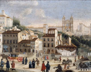 Vista sobre la plaza de España y la iglesia de la Santísima Trinidad en Roma - siglo XVII (pintura)
