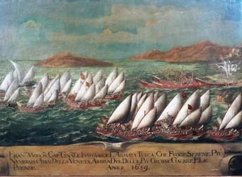 Guerra de Candia (Creta): la flota veneciana durante la campaña dirigida por el Dogo Francesco Morosini contra los turcos en 1659 (Pintura de la escuela veneciana) siglo XVII - Venecia, Museo Correr
